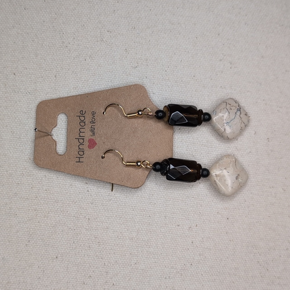 Handmade smoky Quartz, Obsidian & Howlite Drop Earrings 18k Plated Posts